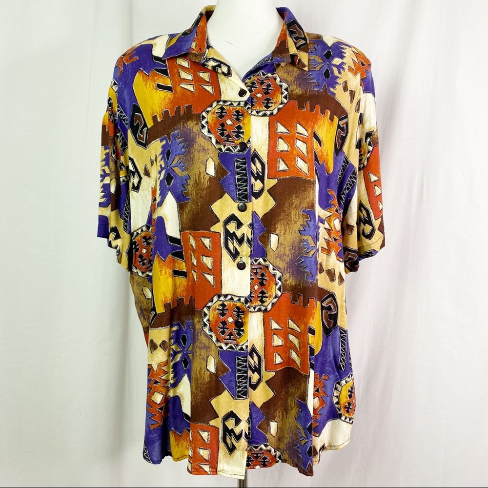 Vintage Abstract Aztec Brown Print Short Sleeve Button Up Shirt 2X